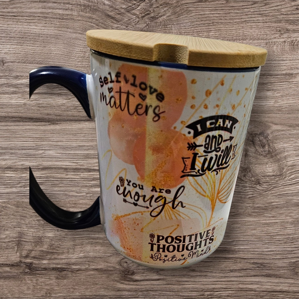 Inspirational Ceramic Mug with Bamboo Lid - Blue and White